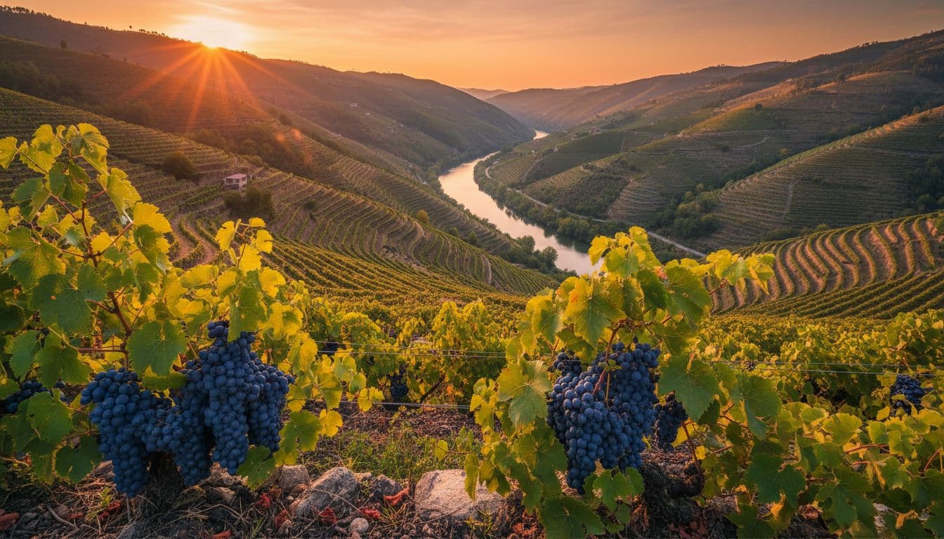 Rows of Mencía vines on steep terraced slopes with ripe blue-purple grapes amid green leaves, distant river valley in golden sunset light.