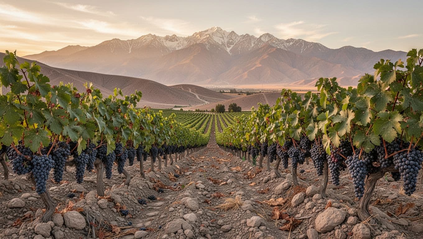 Photorealistic wide horizontal image of arid hills in Mendoza Argentina covered with rows of Malbec vines laden with dark purple grape clusters, Andes mountains in the background at sunset with warm golden light, detailed leaves and rocky soil, elegant winemaking atmosphere.