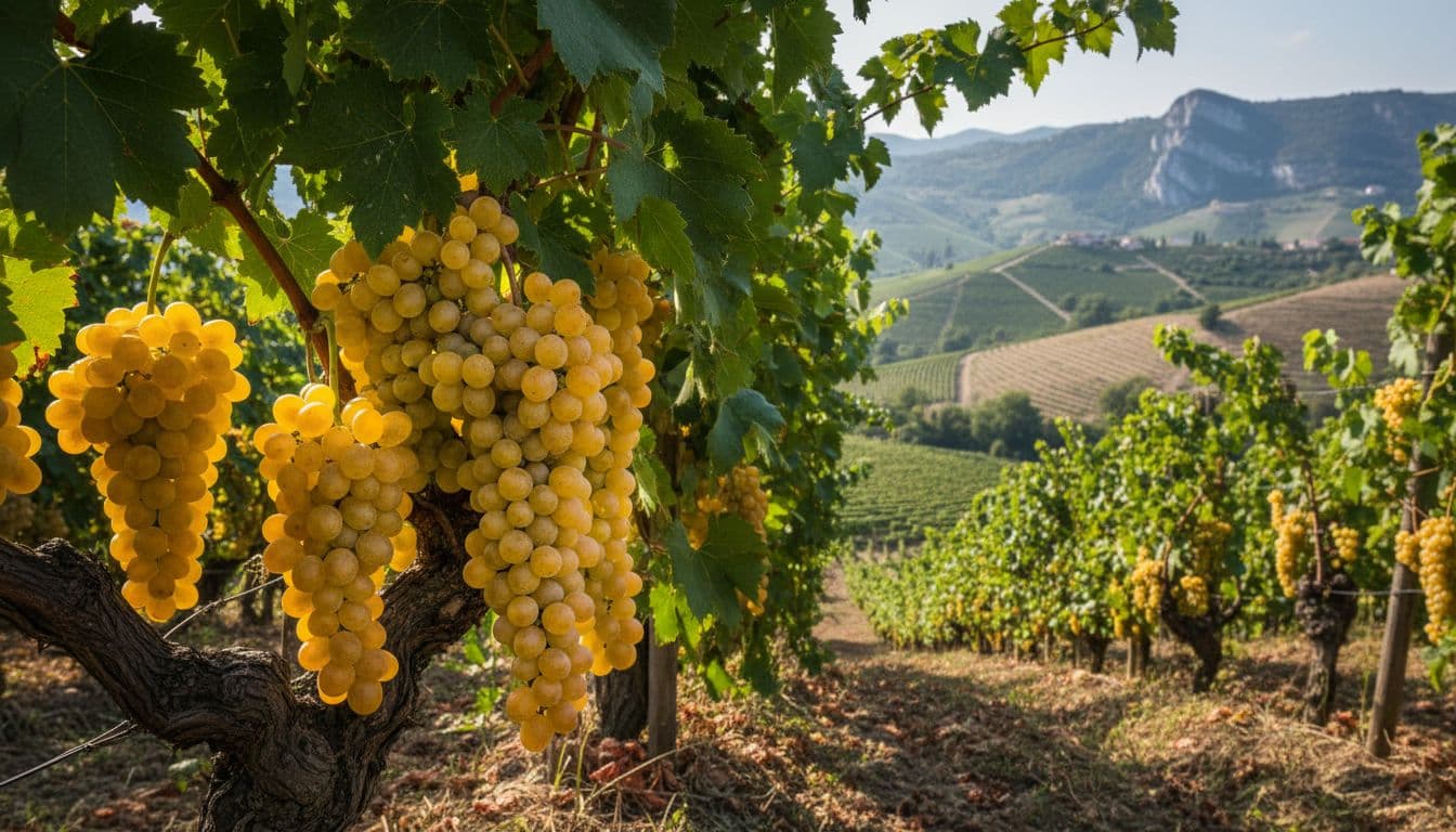 Golden Durella grapes hang among green leaves in hilly Monti Lessini vineyards with rocky hills.