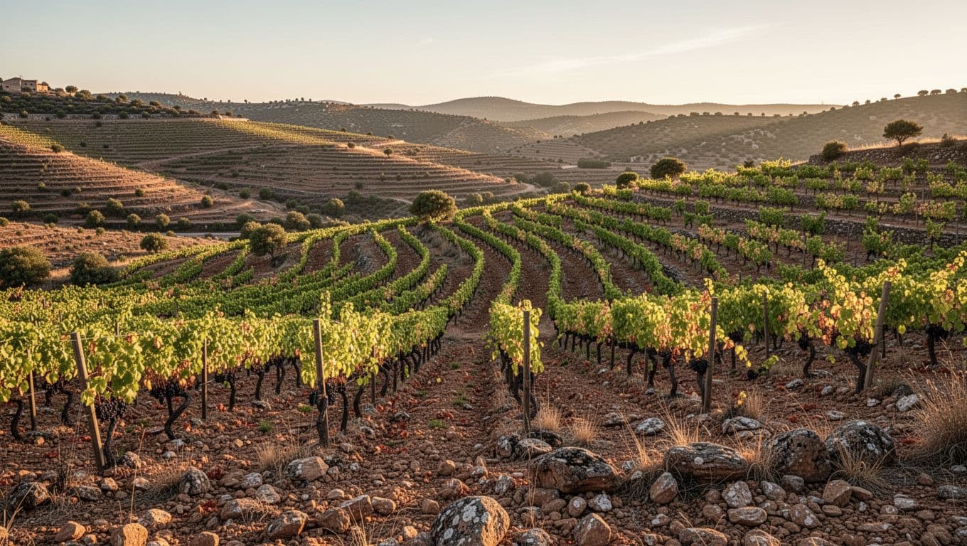 Realistic editorial image of old bush-trained gnarled Grenache vines on schist soil in Priorat Spain's rolling hills, illuminated by golden hour sunlight in a dry Mediterranean landscape.