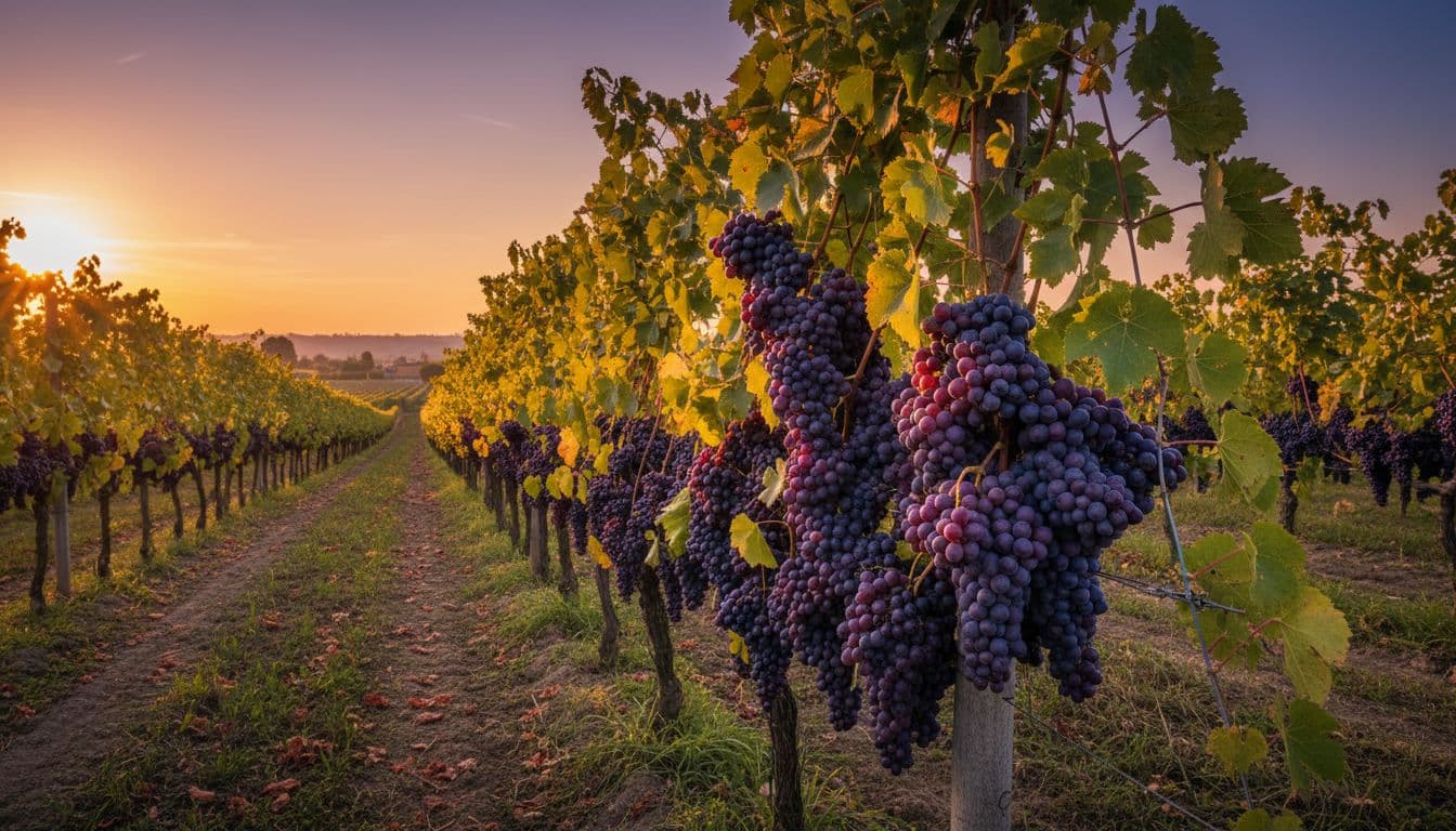 Filari ordinati di vigneto Raboso nella pianura veneta vicino al Piave al tramonto, con grappoli compatti di uva rossa rubino scuro e foglie verdi dettagliate.