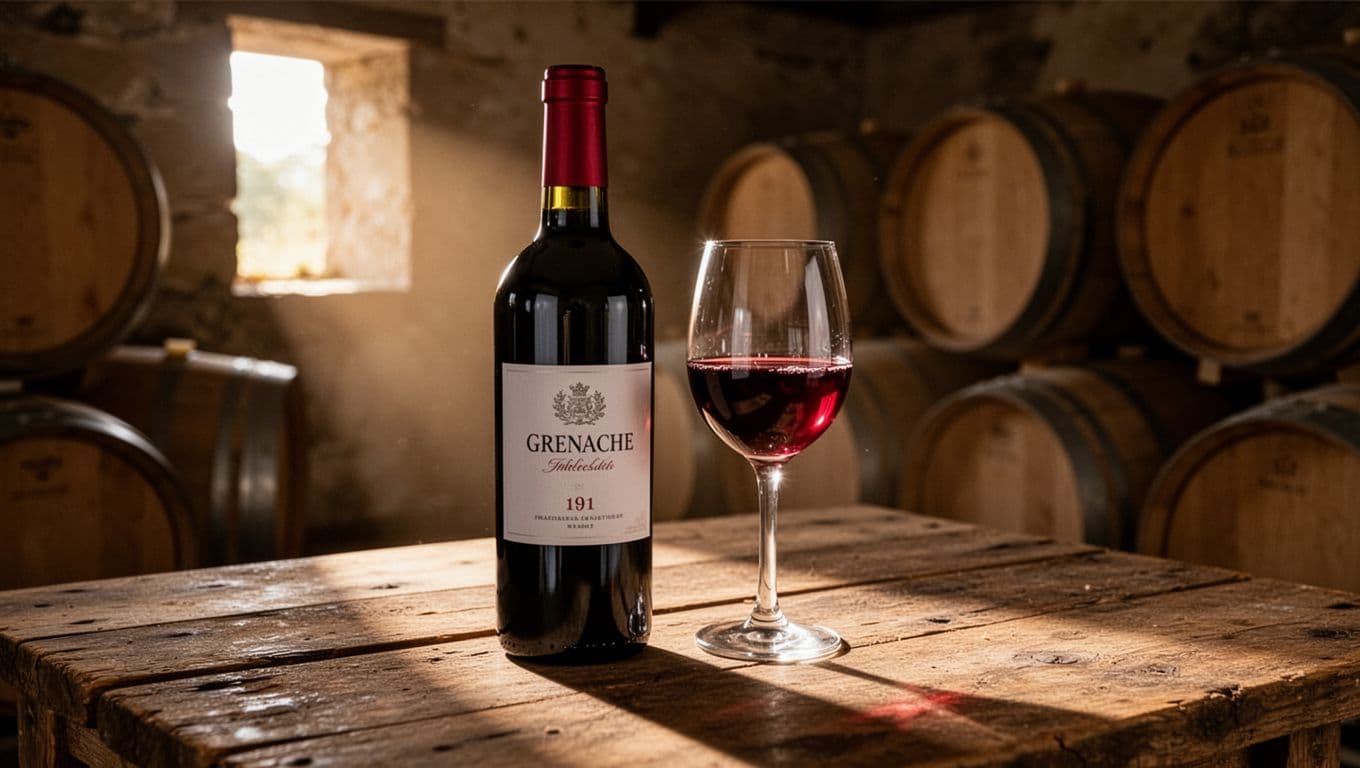 Realistic editorial image of a bottle of red Grenache wine from Rhône Valley next to a glass of ruby red wine on a rustic wooden table in a winery cellar, with soft warm natural light and elegant wine magazine style.