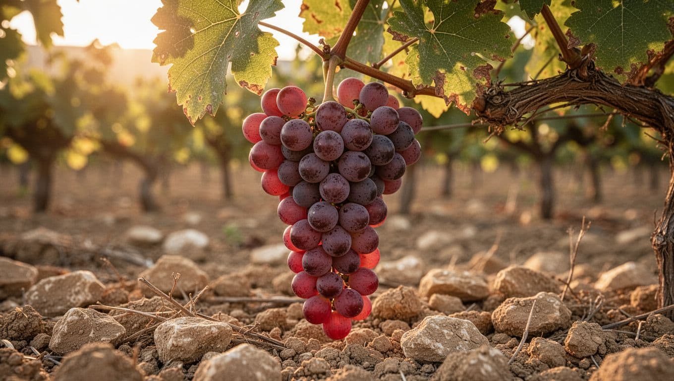 Close-up of ripe red-purple Grenache grape clusters hanging on the vine in a Mediterranean vineyard at golden hour, with dry stony soil and warm natural light.