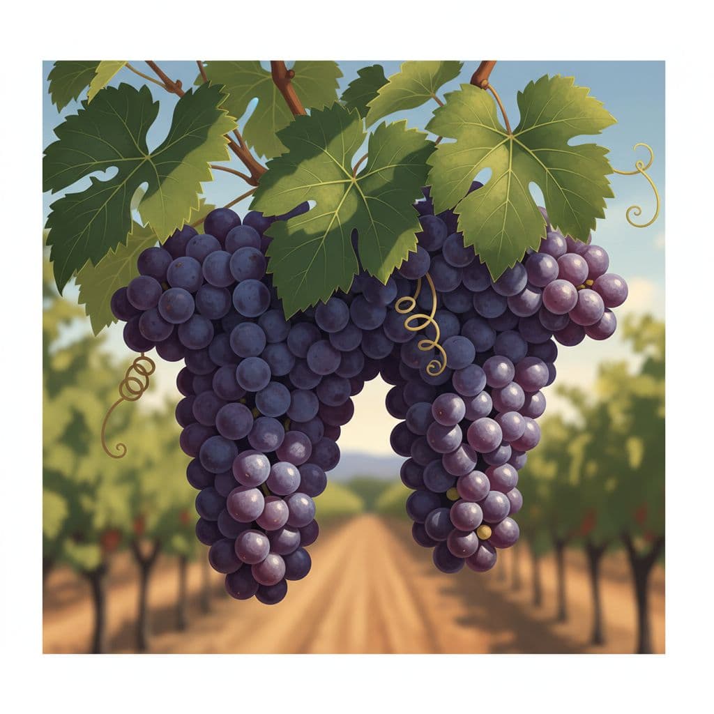 Close-up of two ripe dark-purple Zinfandel grape clusters with bloom, green leaves, and vine tendrils in sunny vineyard.