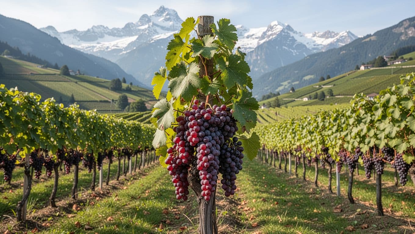 Realistica illustrazione editoriale di filari ordinati di viti Schiava su dolci colline alpine in Alto Adige, con grappoli rosso-violacei maturi su una vite centrale e sfondo montuoso soleggiato.