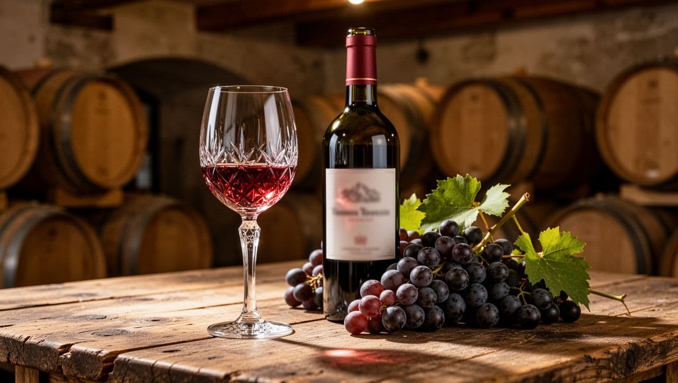 Realistic editorial illustration of light ruby red Schiava wine in a glass on a rustic table in an Alto Adige cellar, with a blurred-label bottle and fresh grape cluster nearby, under warm diffused light.
