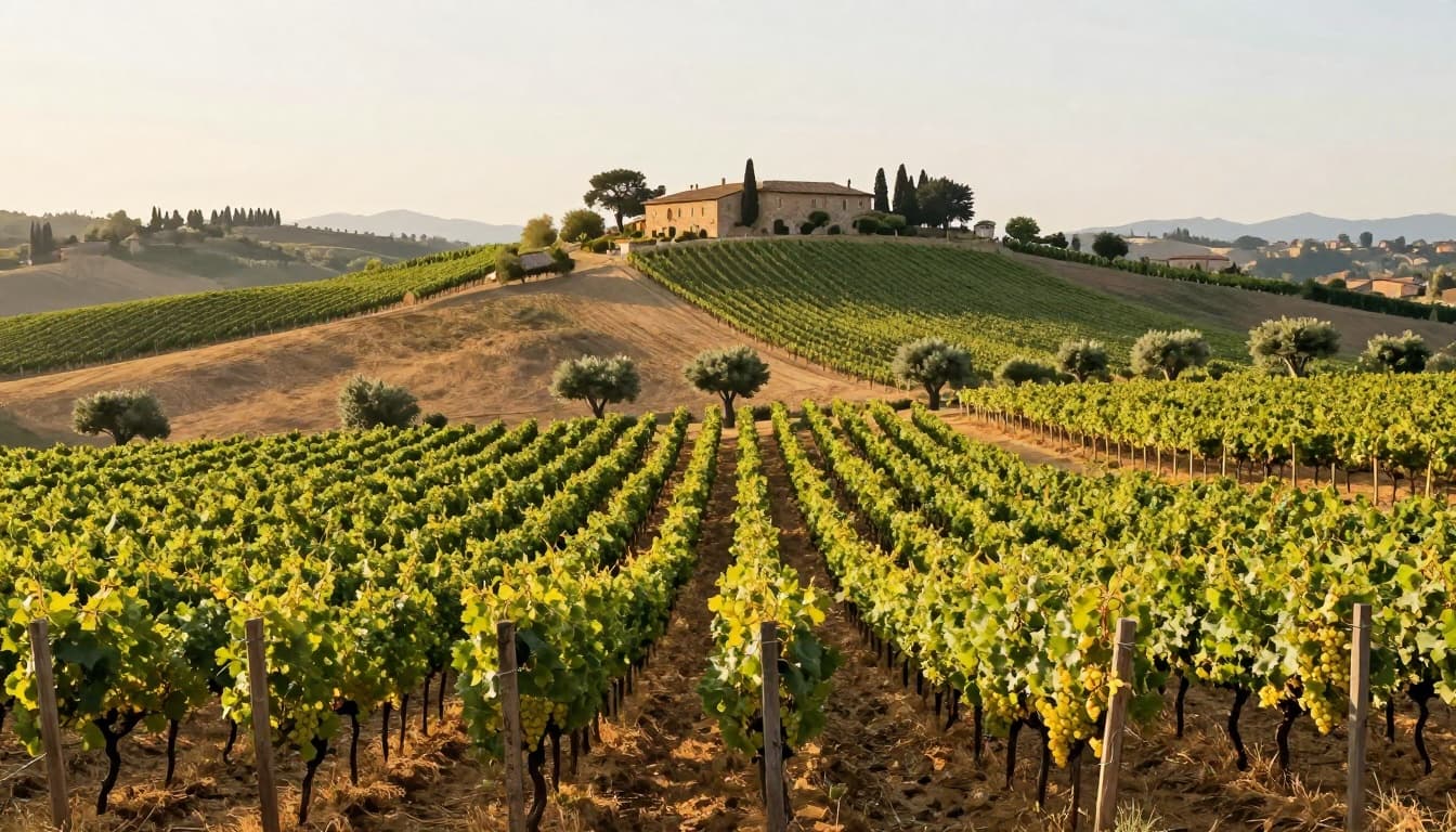 Photorealistic editorial illustration of orderly rows of mature white Insolia grapes on Mediterranean hills in Sicily, with scattered olive trees bathed in warm golden sunset light, serene empty landscape.