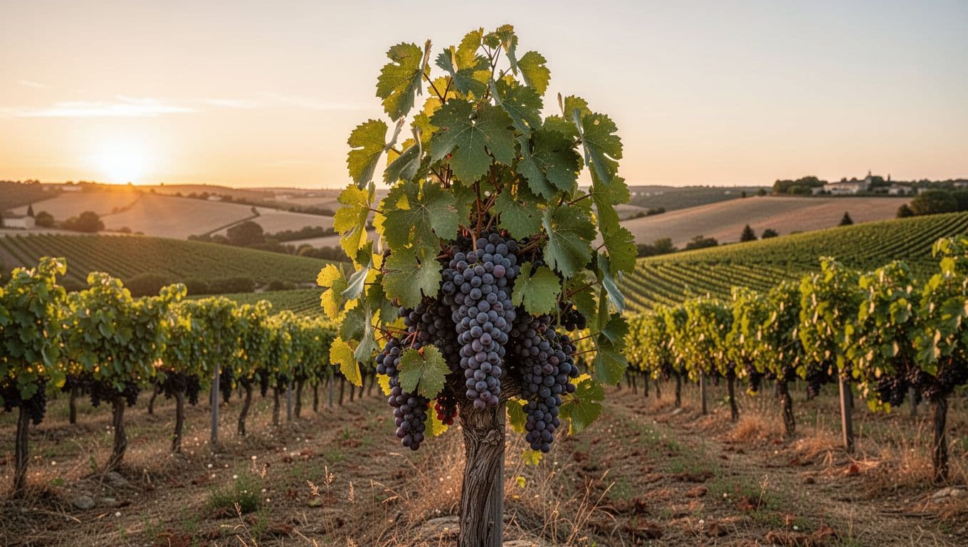 Vigneto collinare nel Sud-Ovest francese con viti di uva Tannat cariche di grappoli scuri, foglie verdi lussureggianti e luce dorata del tramonto su colline ondulate.