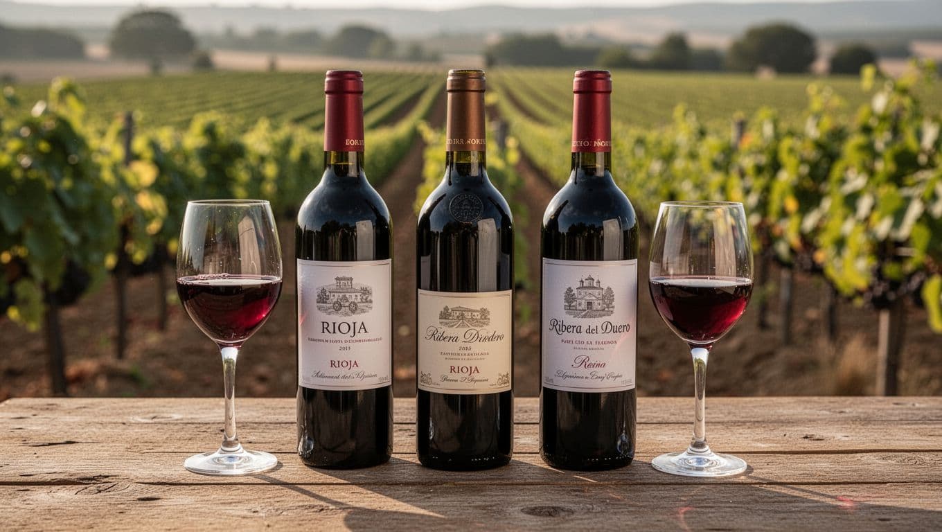 Realistic editorial illustration of Tempranillo wines with three bottles of Rioja and Ribera del Duero on a rustic wooden table, two glasses of intense red wine, blurred vineyard background, warm natural light, and elegant tasting atmosphere.