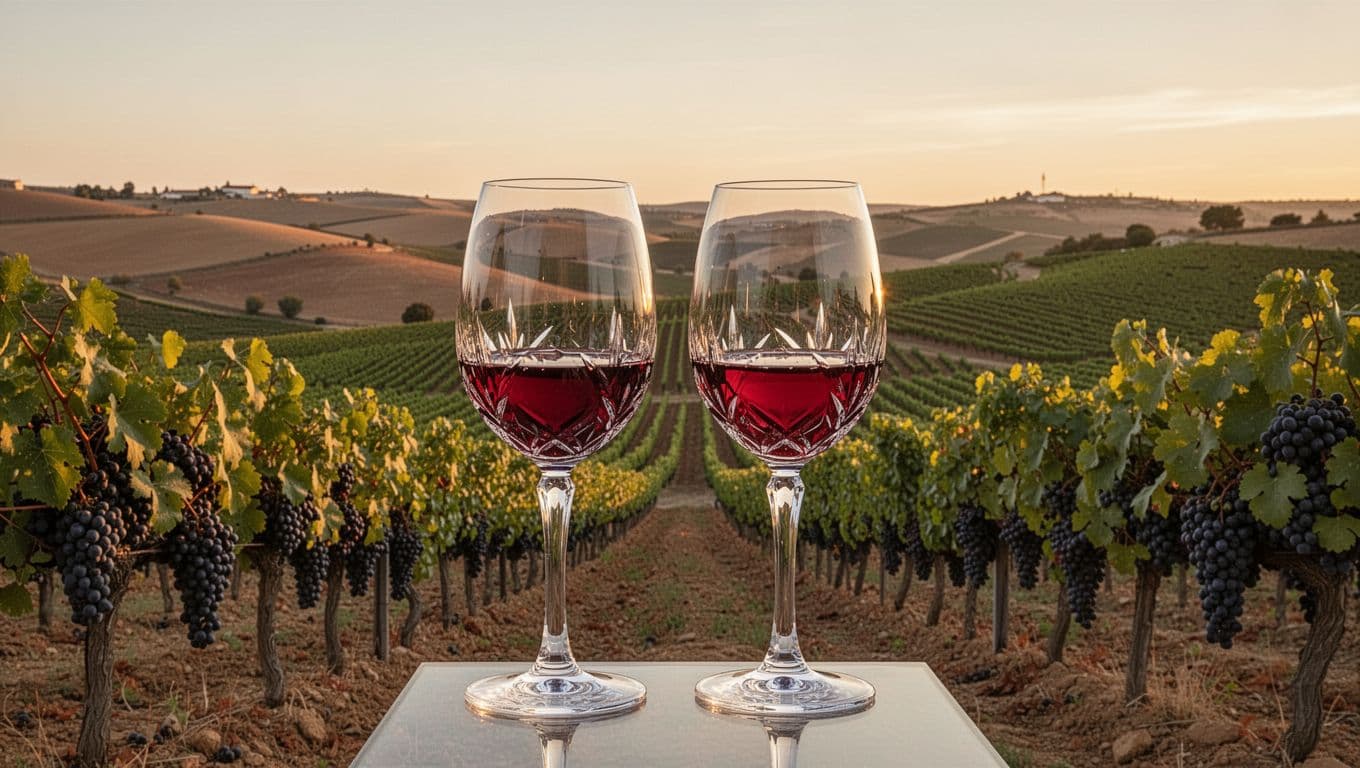 Realistic and refined editorial illustration of Tempranillo vineyards in Spain's Rioja and Ribera del Duero regions, featuring undulating hills under a clear sky with golden sunset light, dark grape clusters on vines, and exactly two ruby red wine glasses in the foreground.
