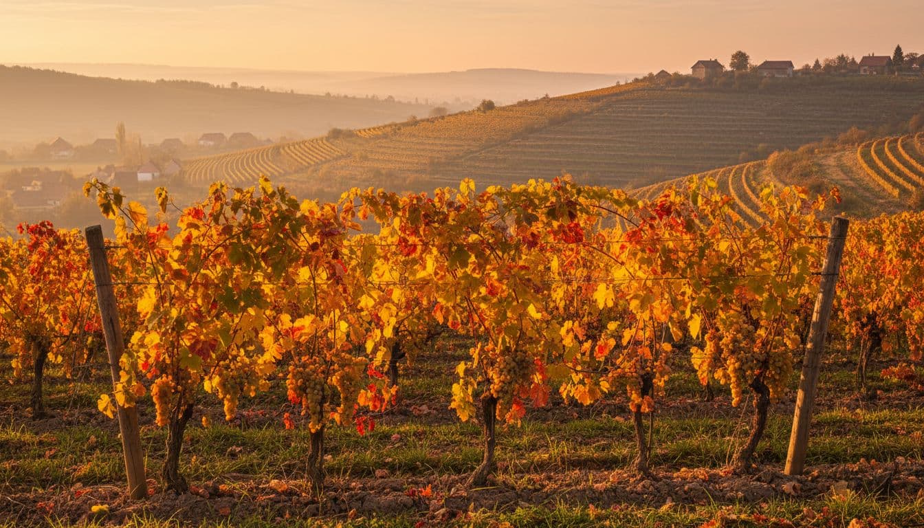 Elegant realistic editorial image of historic hilly Furmint vineyards in Hungary's Tokaj region under golden autumn light, featuring a single row of vines with ripening clusters.