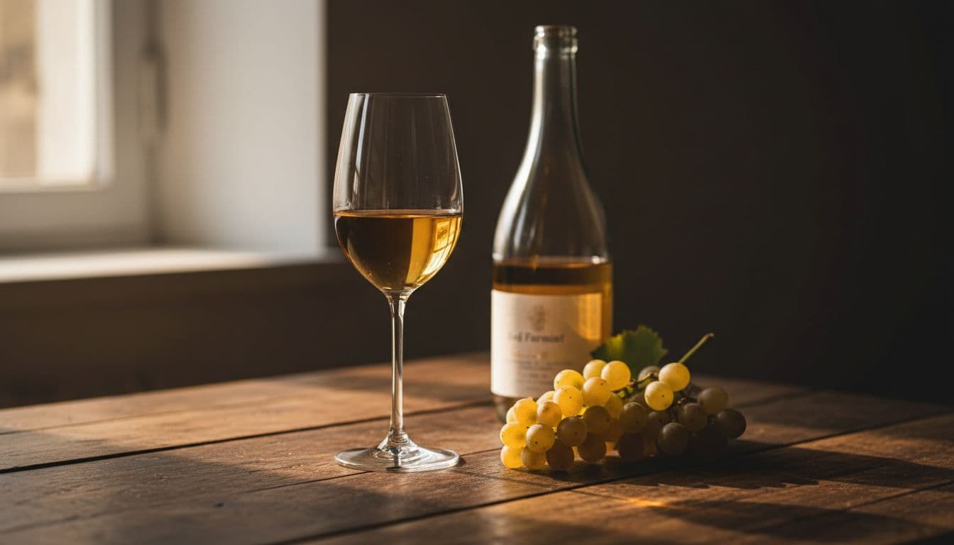 Elegante calice di vino bianco dorato Tokaji secco da uve Furmint su tavola di legno antica, con bottiglia etichetta sfocata e piccolo grappolo d'uva, luce calda serale e atmosfera raffinata enogastronomica.
