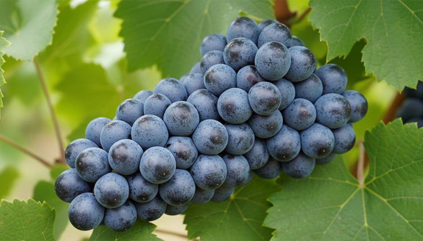 Realistic editorial illustration of Touriga Nacional vine featuring a compact cluster of black-blue grapes with visible pruina, healthy green leaves in blurred background, soft natural daylight, and elegant enological atmosphere.