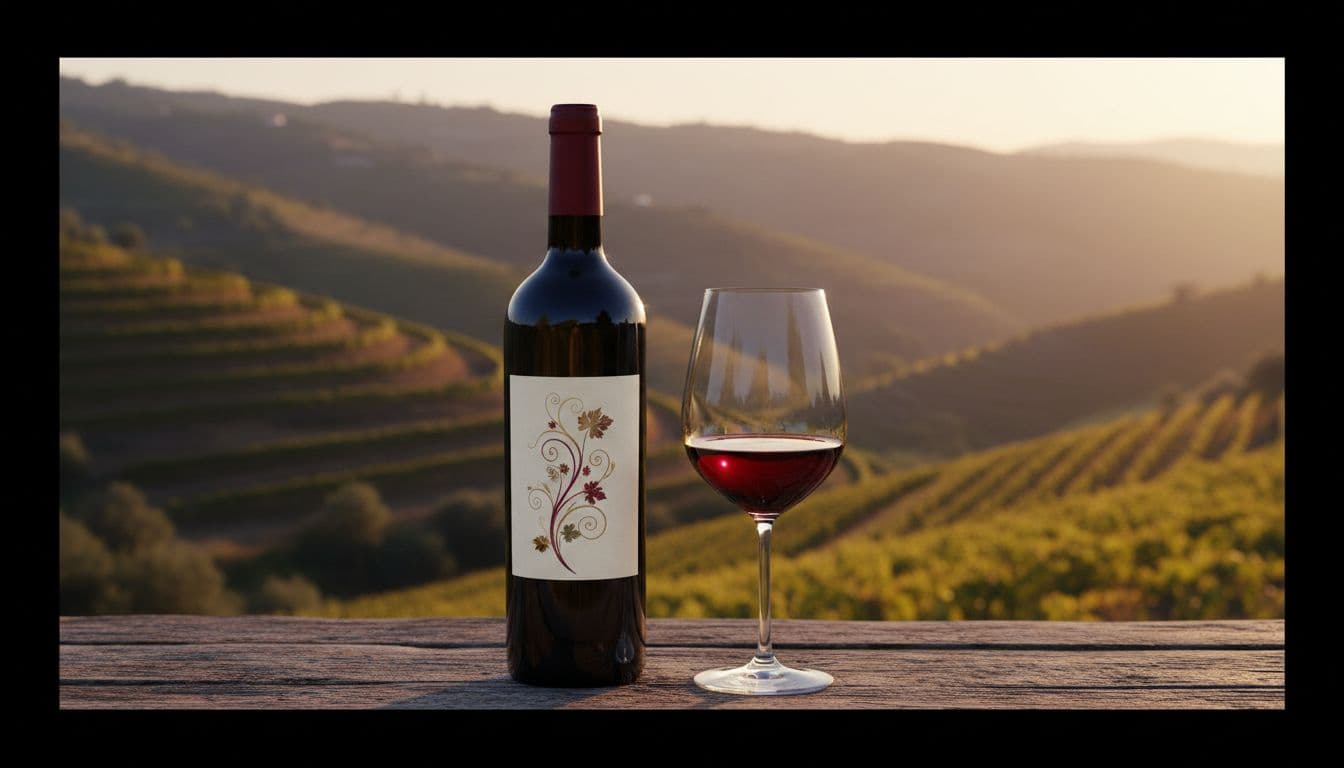 Refined realistic illustration of a Touriga Nacional Douro DOC red wine bottle and ruby-reflecting glass against blurred Douro vineyards, in warm evening light with sophisticated enological atmosphere.