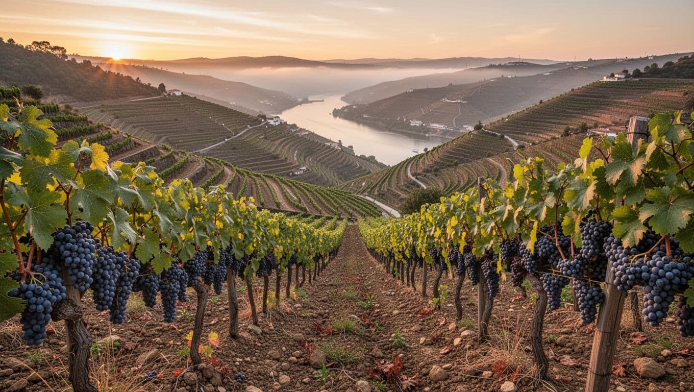 Realistic editorial illustration of terraced hillside vineyards in Portugal's Douro Valley at sunset, featuring orderly rows on steep slopes, black-blue grape clusters in foreground, and the Douro River in the distance with warm golden light.