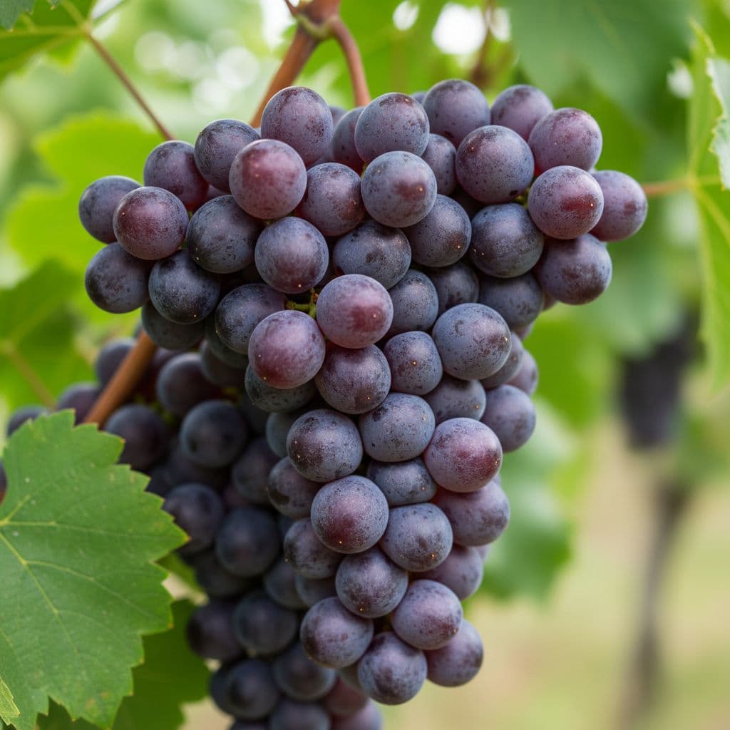 Fotorealistica close-up di grappolo di uva Raboso con acini compatti rosso rubino scuro e pruina violacea, foglie di vite sfocate sullo sfondo, luce naturale diffusa.
