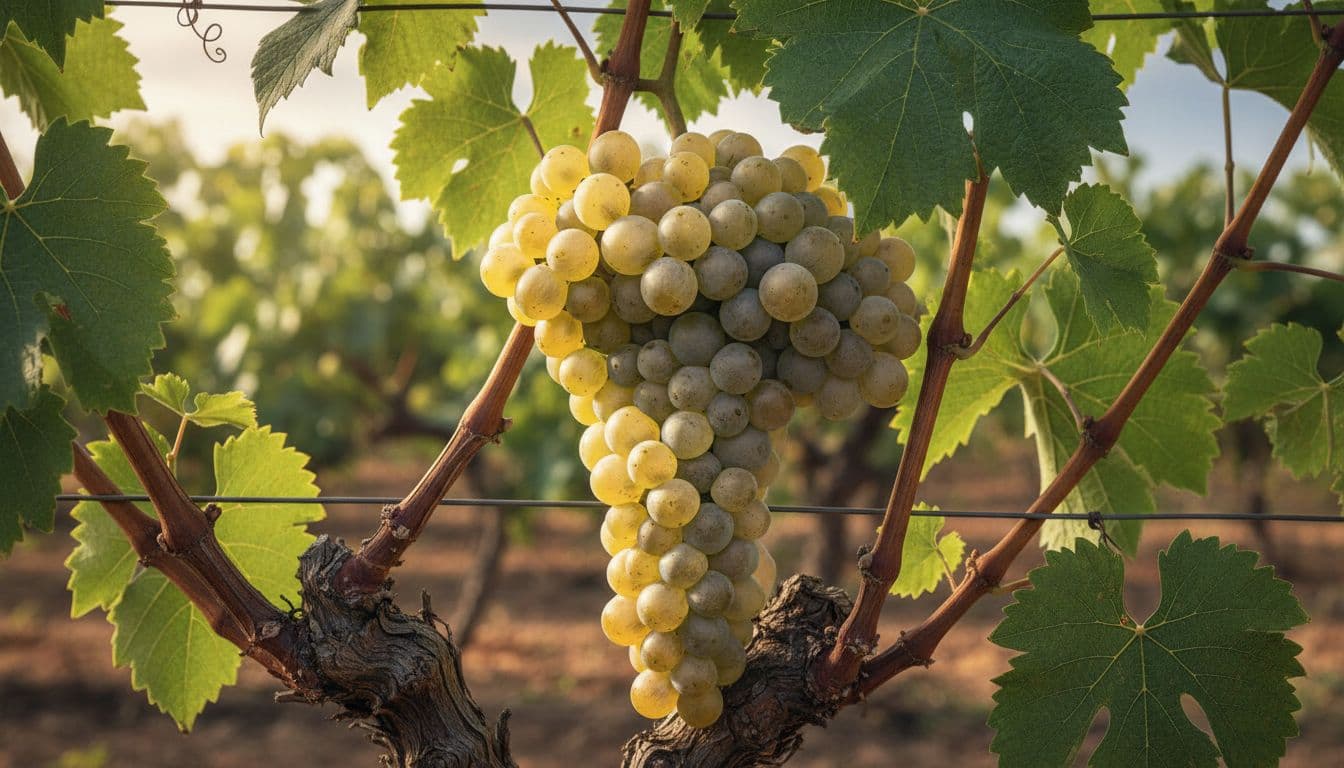 Close-up of compact white Xarel-lo grapes with velvety green leaves and woody stems in sunny vineyard.