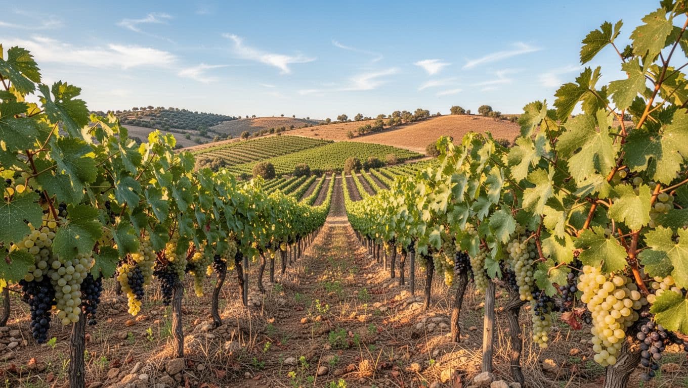 Rows of Xarel-lo vines with ripe white grapes on sunny Mediterranean hills.