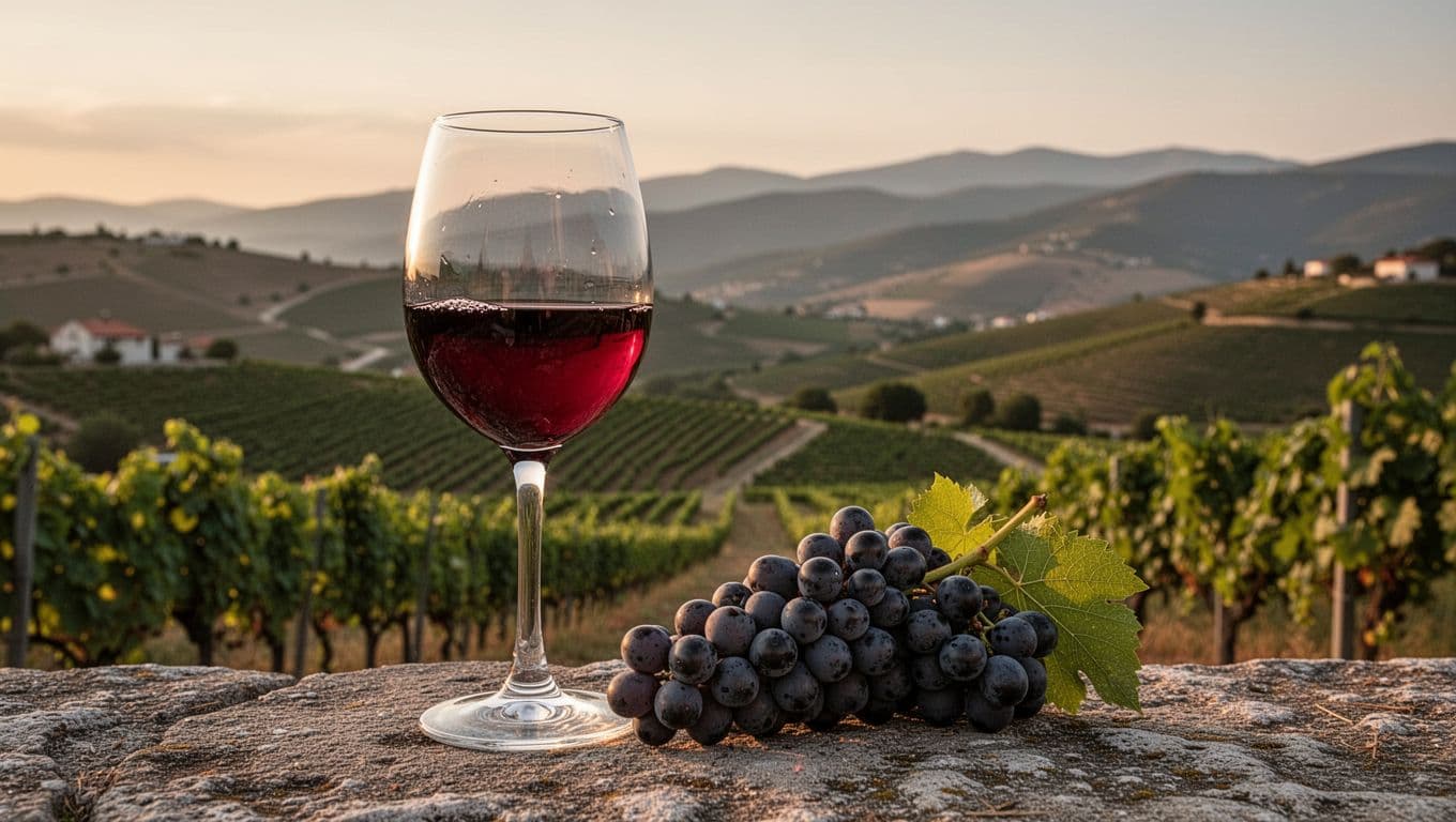 Fotorealistica immagine di un calice di vino rosso Xinomavro Naoussa con riflessi granati, grappolo d'uva Xinomavro accanto e vigneti collinari macedoni al crepuscolo.