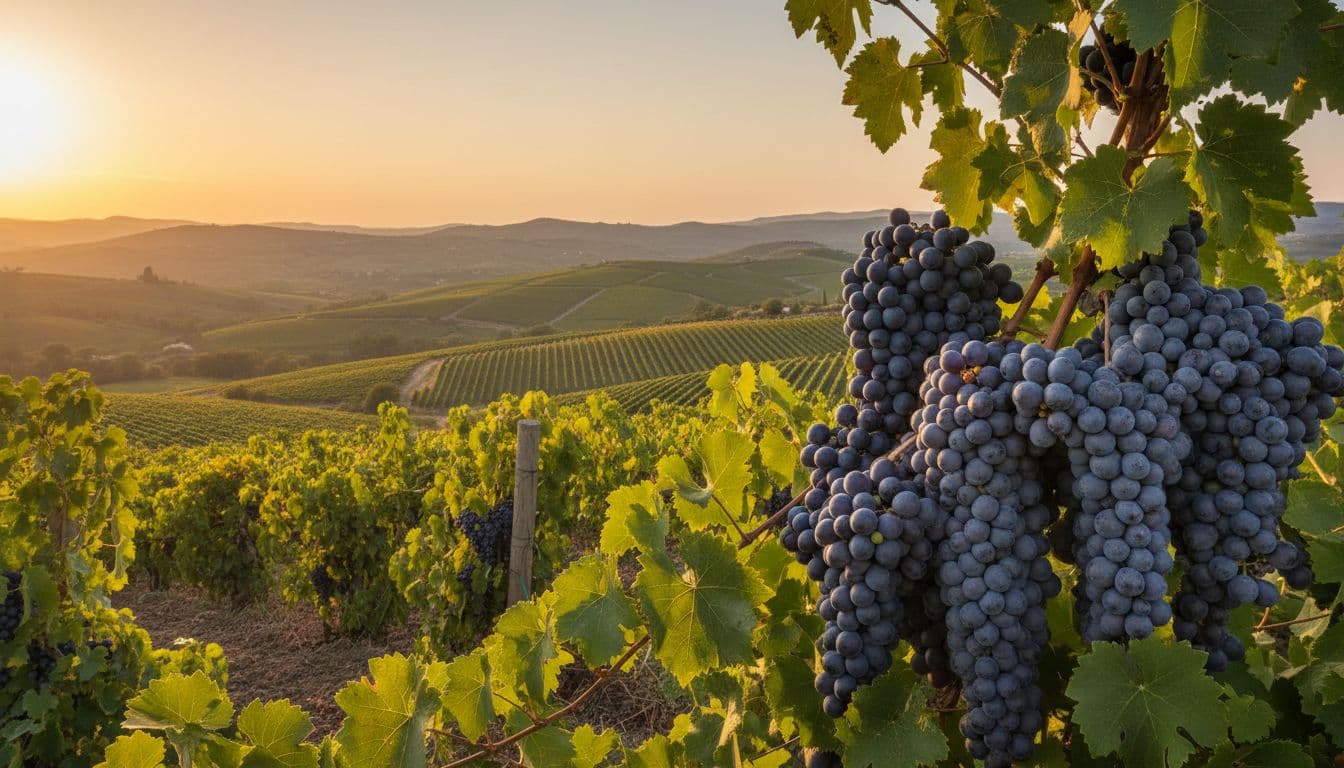 Photorealistic editorial image of Xinomavro vineyards in Naoussa, Greek Macedonia, featuring ripe dark purple grape clusters and green leaves in the foreground, rolling hills in the background, and warm Mediterranean sunset lighting.