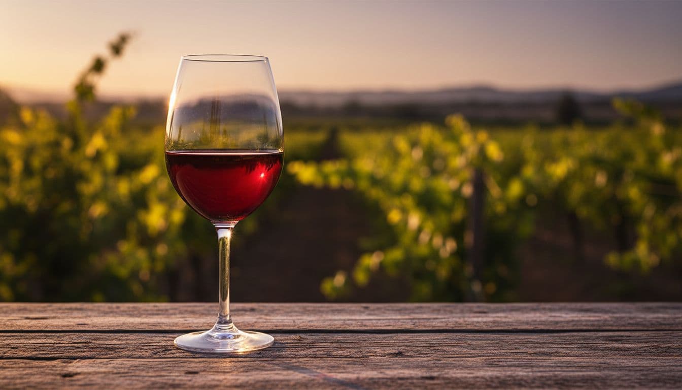 Glass of deep ruby red Zinfandel on rustic wooden table amid vineyard vines at dusk.