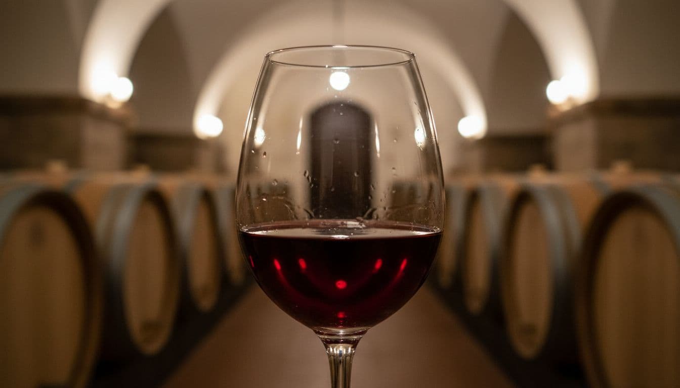 Glass of intense red Aglianicone wine with ruby reflections and drops, against traditional Campanian cellar with wooden barrels.