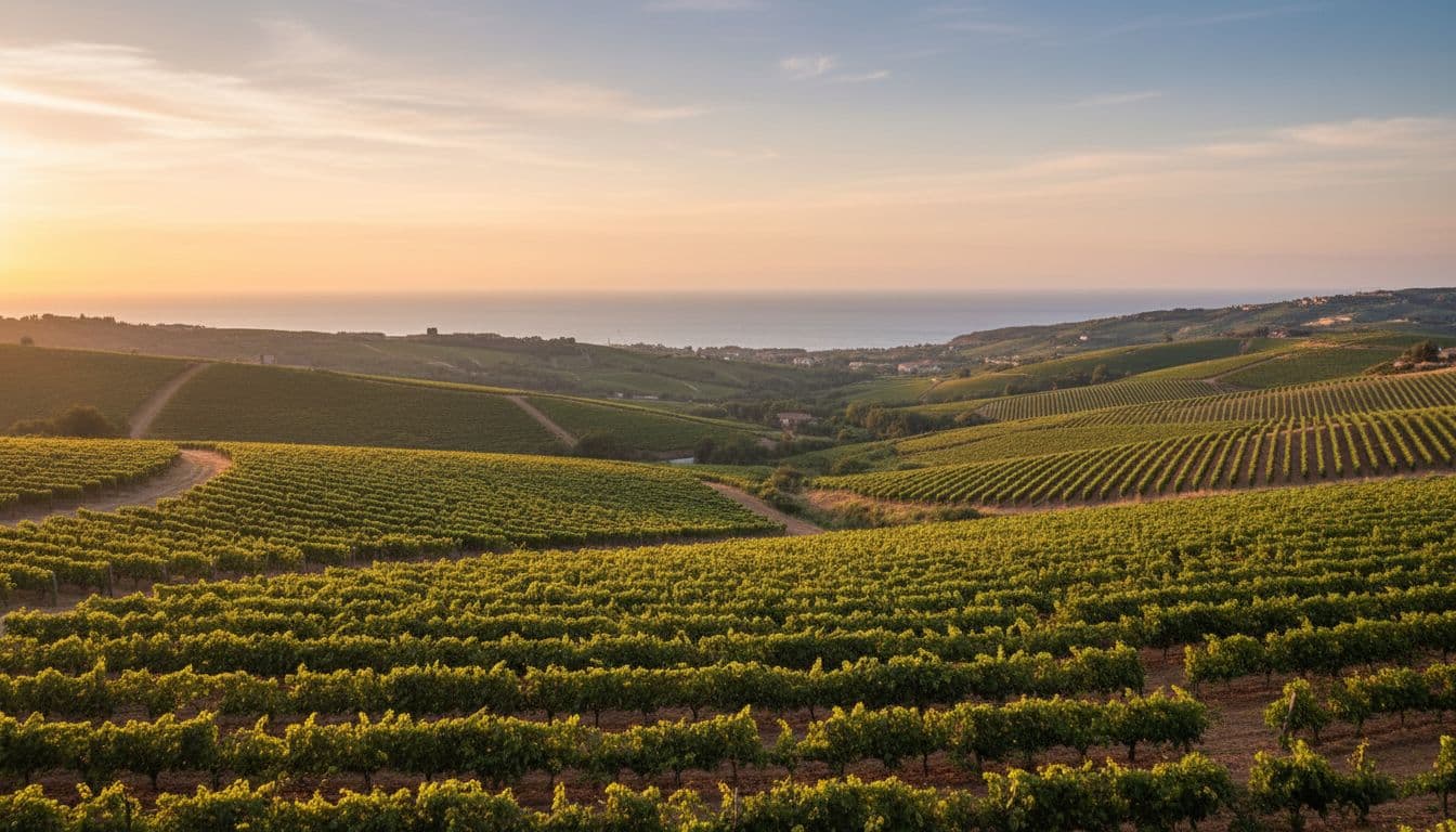 Panoramic view of orderly Aglianicone vineyards on Cilento hills at dawn with sea in background.