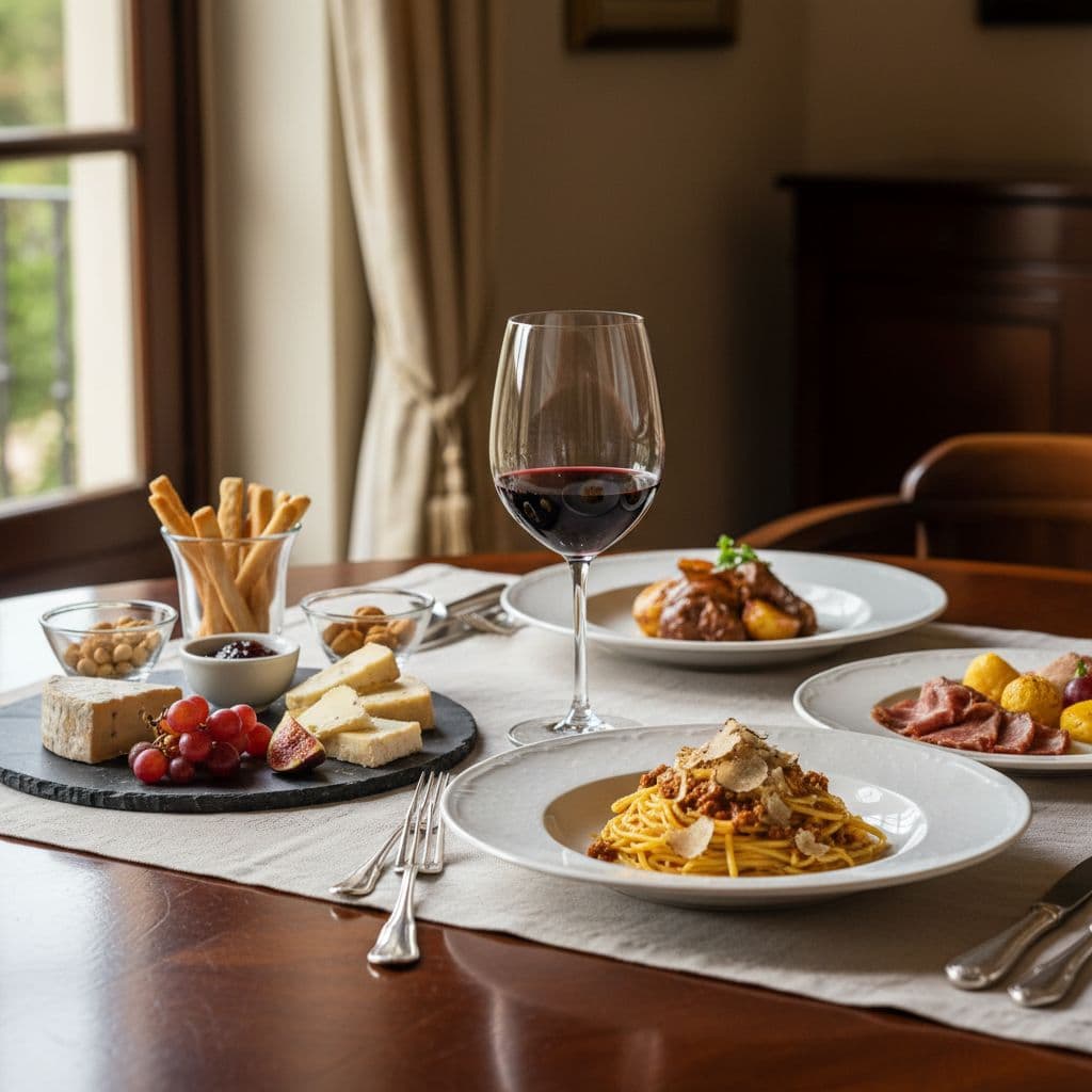 Glass of ruby-garnet Barbaresco on elegant Italian table with paired Piedmontese dishes under warm natural light.
