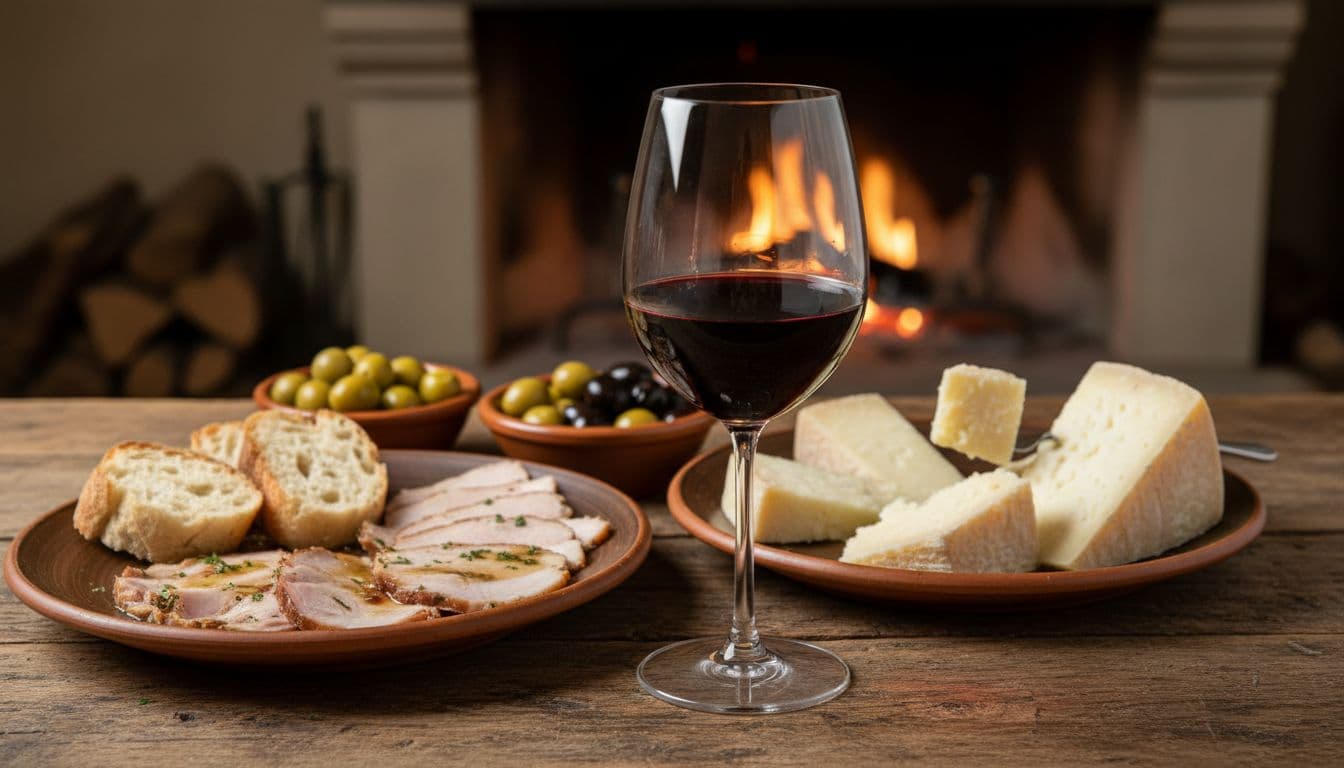 Glass of ruby Bolgheri Rosso on rustic Tuscan table with aged cheeses, sliced pork roast, olives, and bread under warm light.