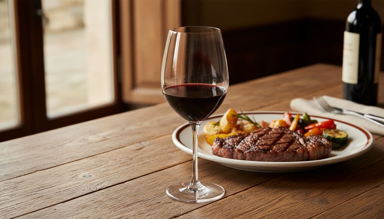 Glass of ruby Bolgheri Rosso on wooden table with grilled Florentine steak, baked potatoes, and vegetables.