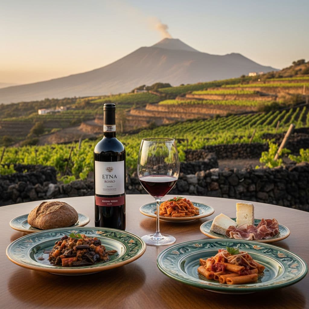 Bottle and glass of Etna Rosso on elegant table with Sicilian dishes, Etna lava vineyard backdrop.