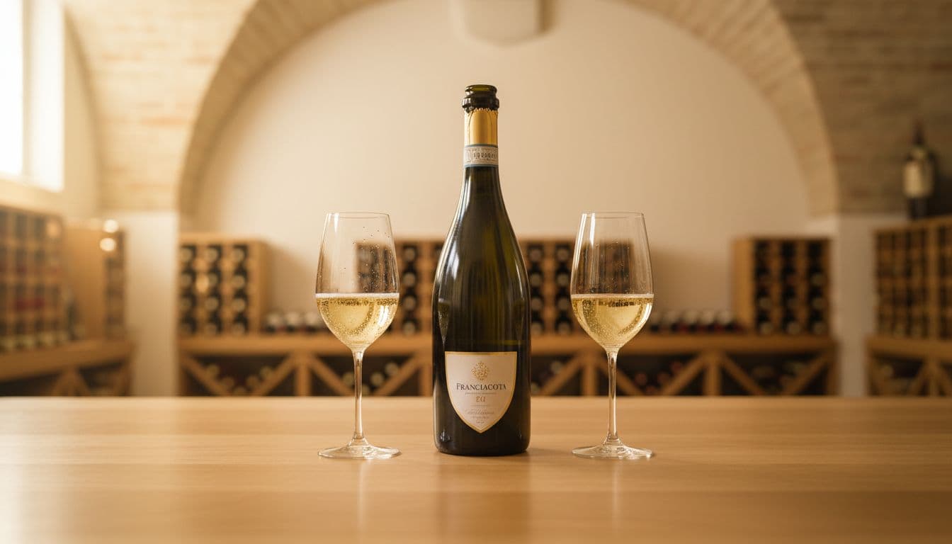 Opened Franciacorta bottle with two effervescent glasses on light wooden table in bright cellar.