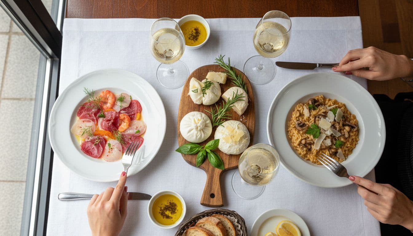 Vista dall'alto di tavola italiana con due calici di Franciacorta, antipasti di pesce crudo, risotto ai funghi, formaggi freschi ed erbe.