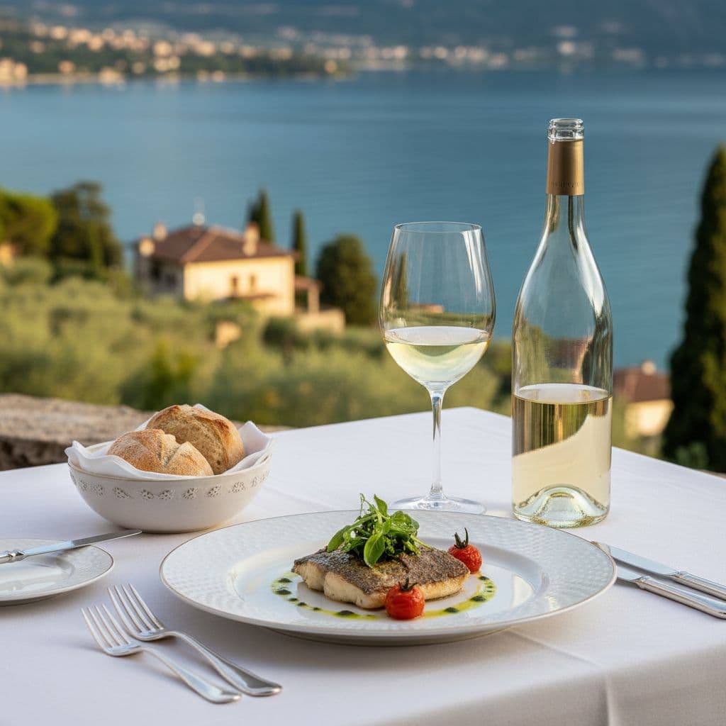 Bottle and glass of Lugana wine with refined lake fish dish on elegant table near Lake Garda.