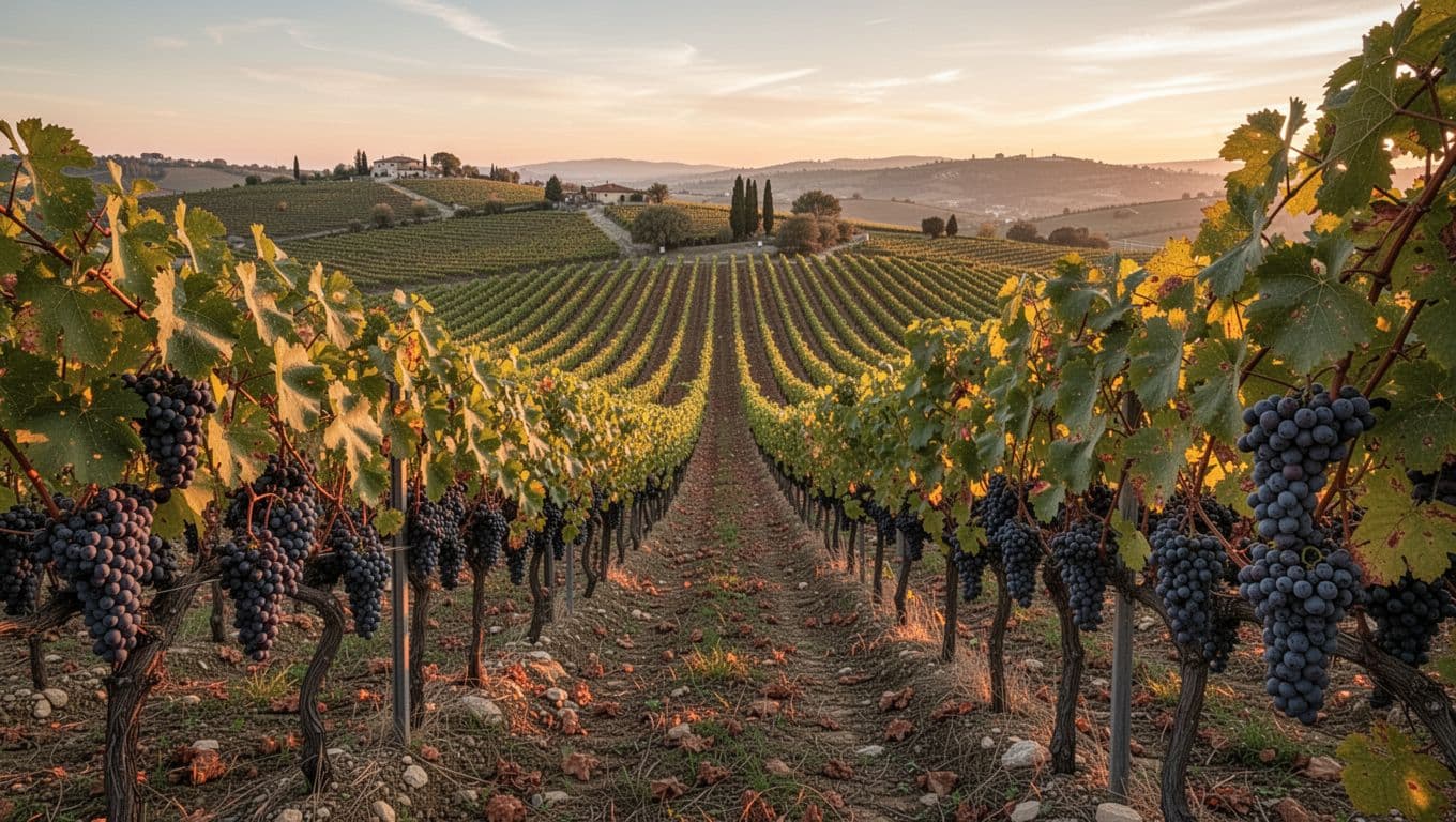 Rows of vines bear ripe Aglianicone grape clusters amid green autumn leaves on southern Campania hills at golden sunset.