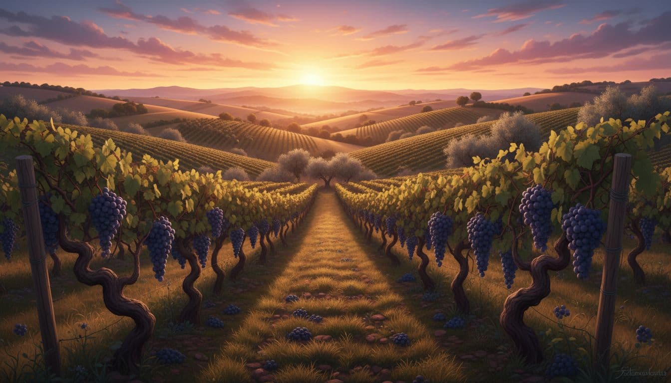 Hilly Molise vineyards with dark Tintilia grapes on old vines, rolling hills and olive trees at sunset.
