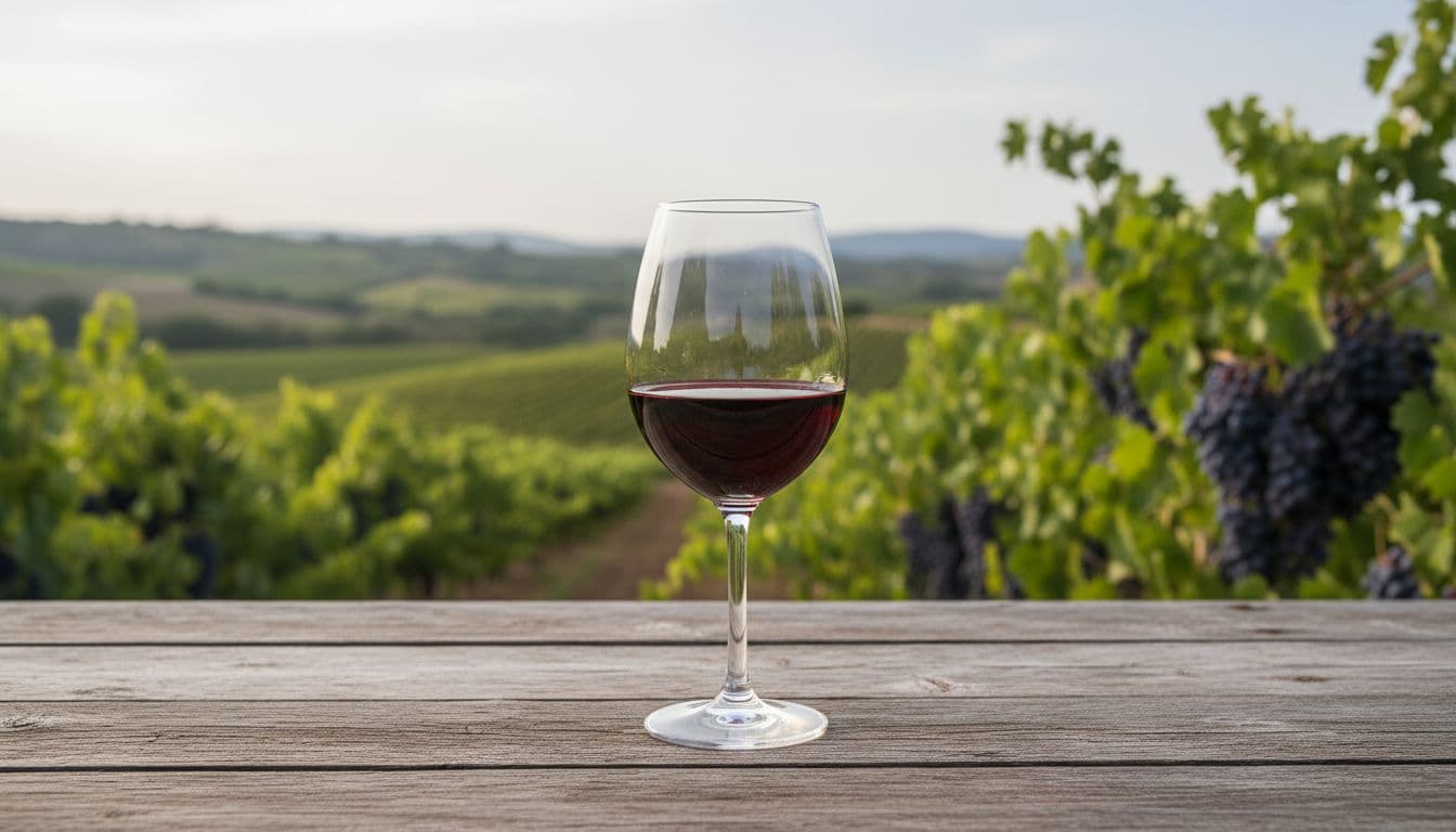 Glass of intense ruby Monica red wine on rustic table against hilly Sardinian vineyards with ripe grapes.
