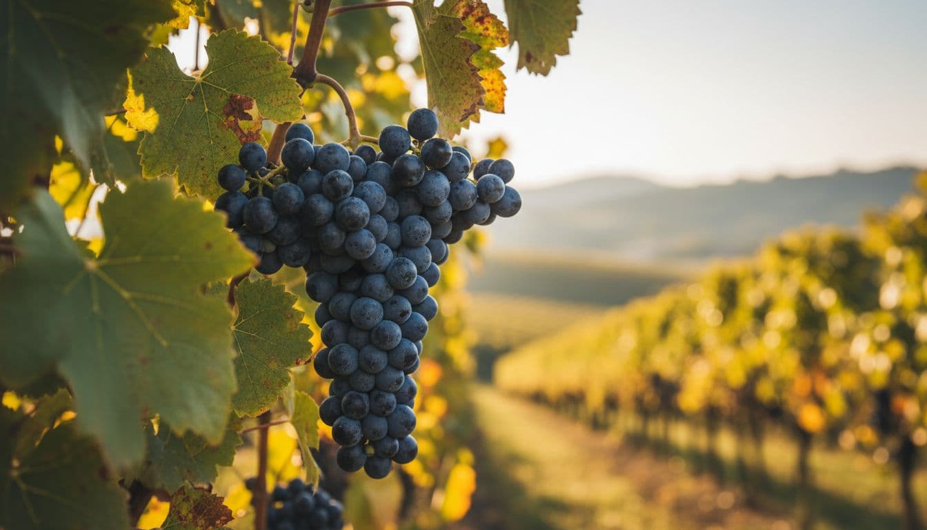 Single mature Oseleta grape cluster on vine with green autumn leaves in Valpolicella vineyard under morning sun.