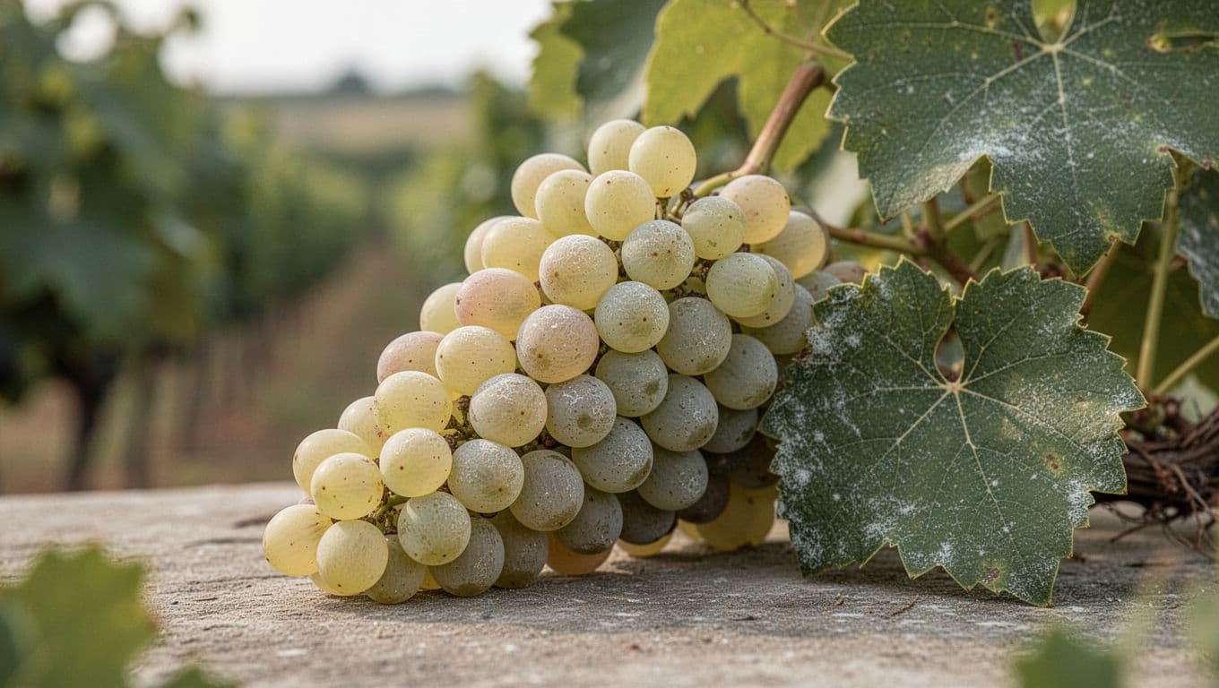 Compact conical cluster of medium oval white grapes with thick pruinose skins and partial green velvety leaf.