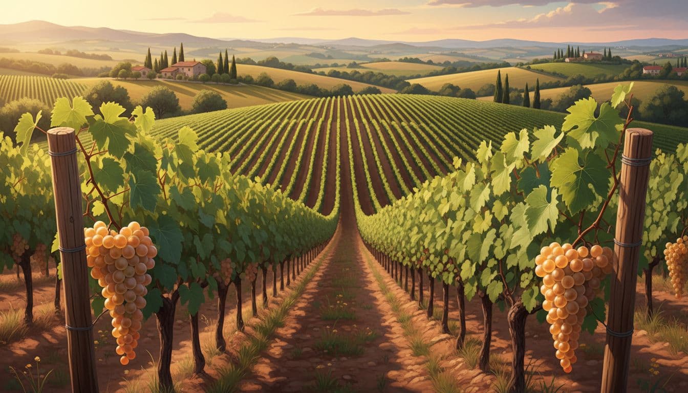 Rows of vines on Casertano hills with ripe white grapes, distant olive trees under warm sunset light.