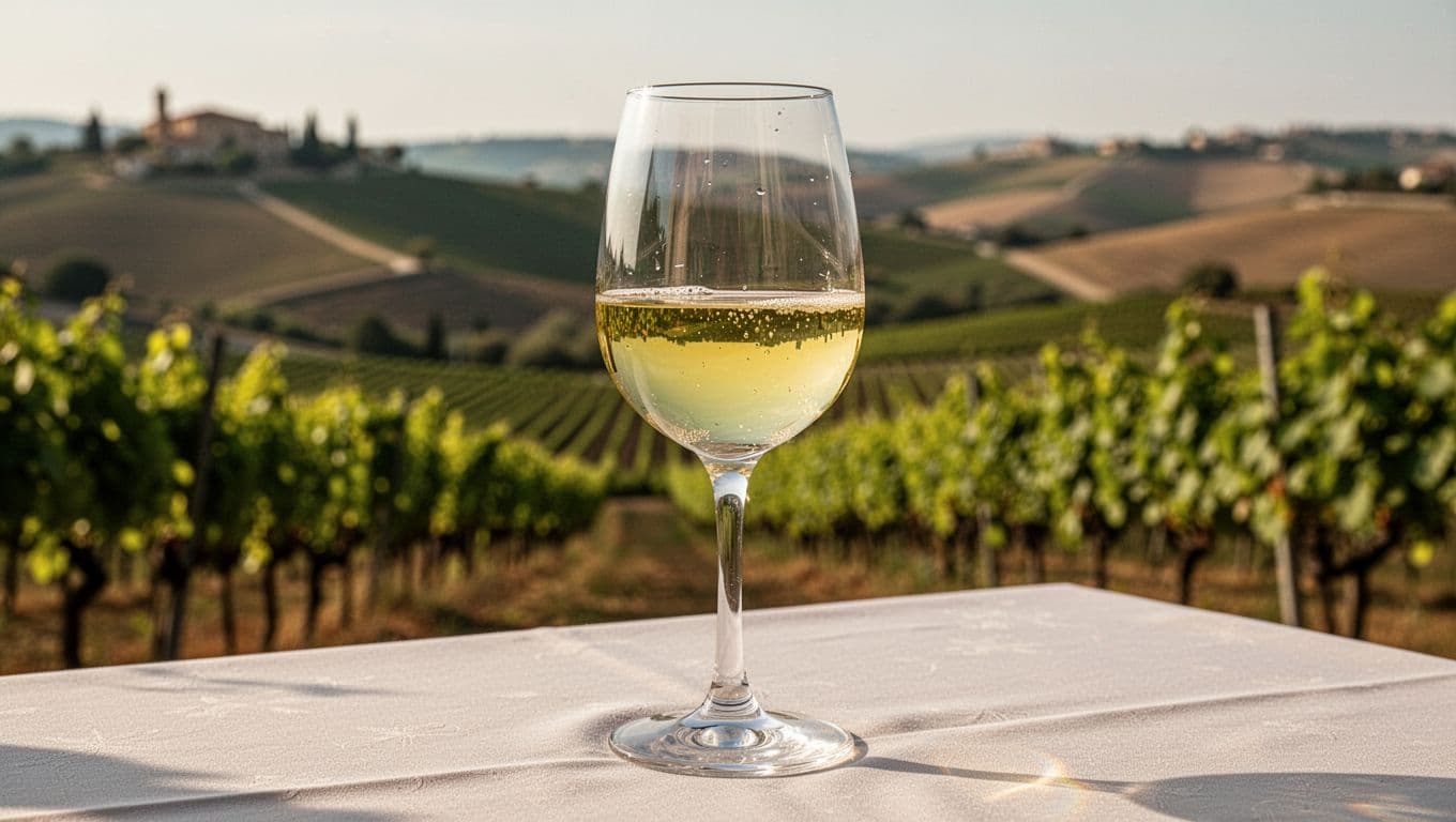 Glass of straw-yellow Pallagrello Bianco wine with greenish reflections and fine bubbles on light tablecloth, blurred Caserta hill vineyards background.