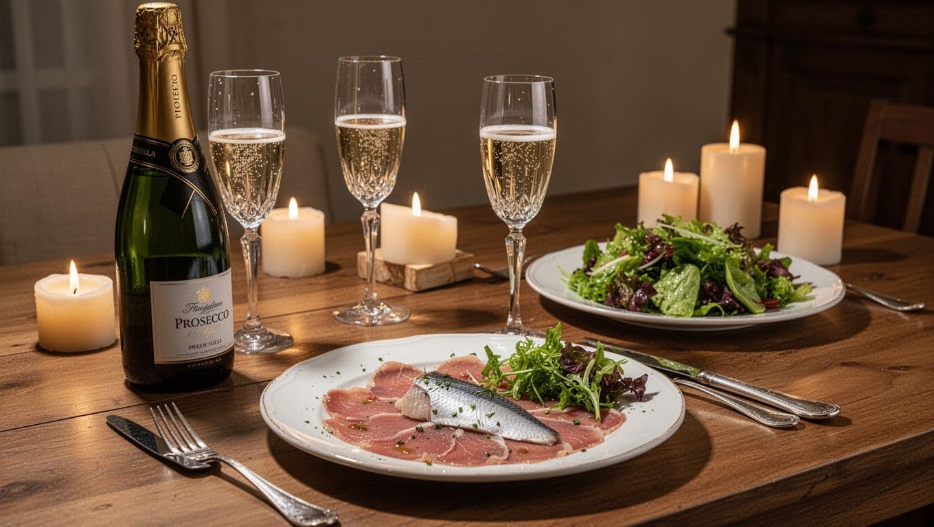 Table set with open Prosecco bottle, two bubbling glasses, sea bass carpaccio plate, fresh salad, lit candles.