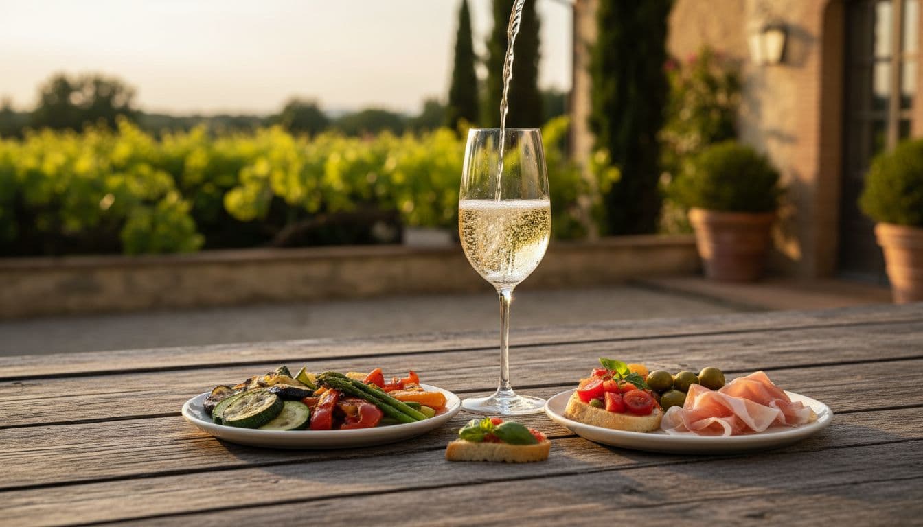 Glass of bubbly Prosecco on rustic Tuscan table with grilled vegetables, prosciutto slices, and light finger foods in sunset light.