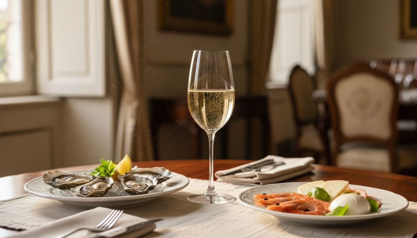 Glass of Prosecco with fine bubbles beside plates of oysters, shrimp, and soft cheeses on elegant table.