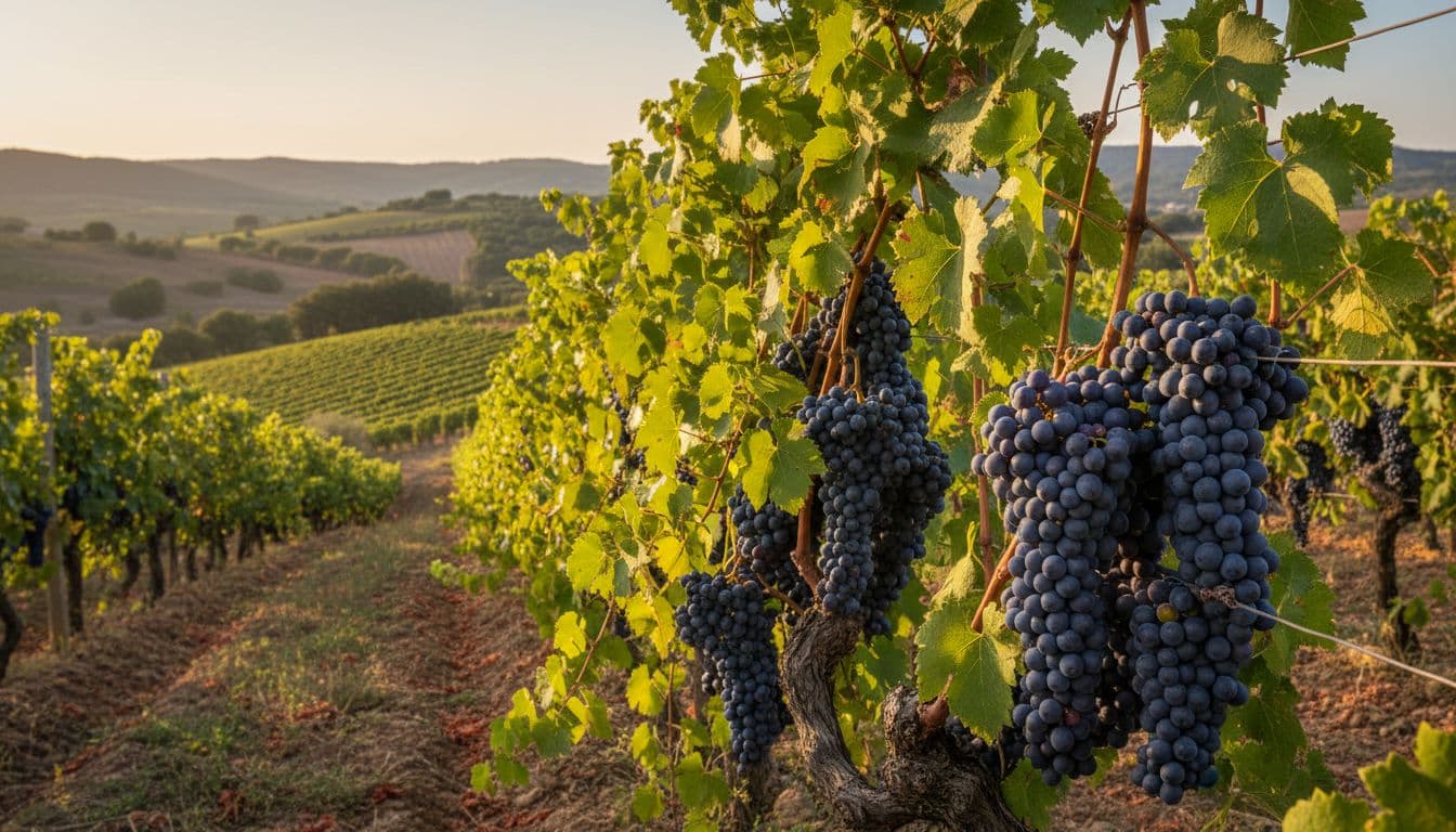Ripe Monica grape clusters hang from vines in a hilly Sardinian vineyard under warm sunset light.