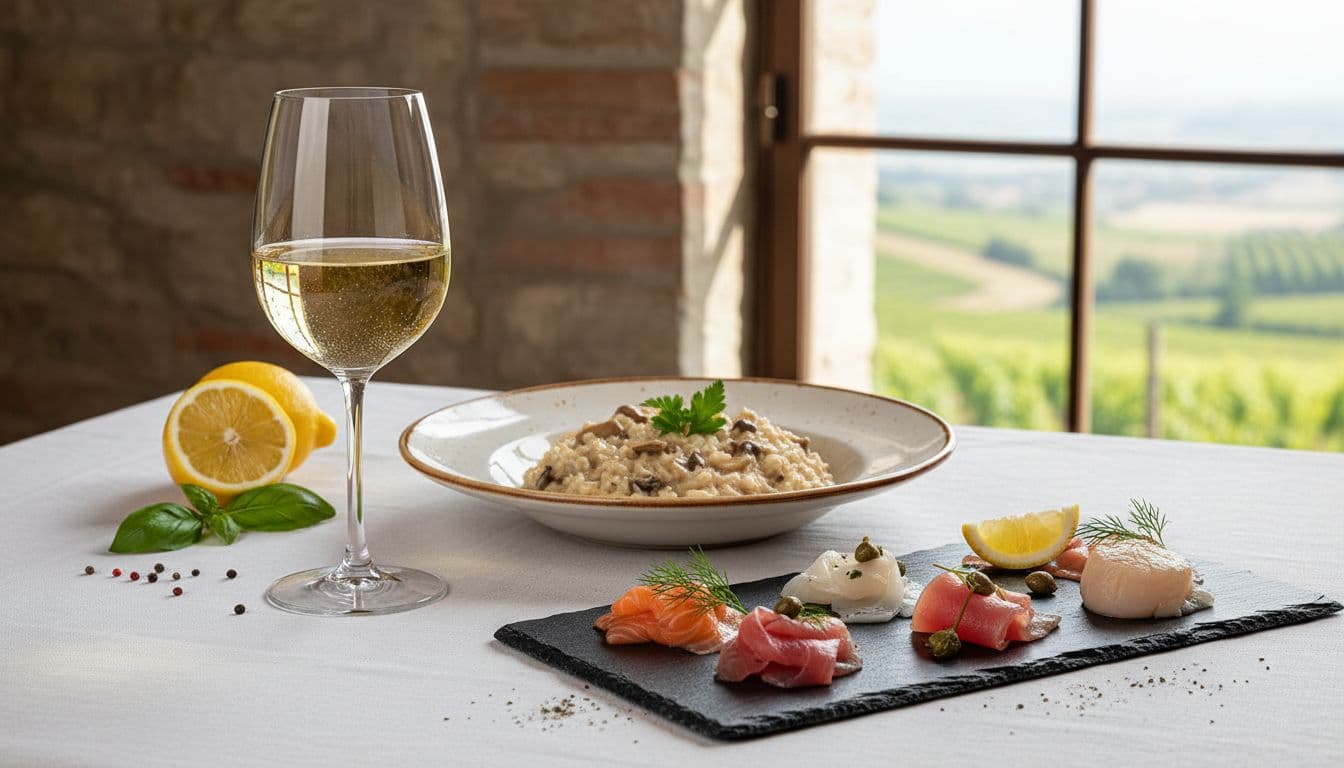 Glass of straw-yellow Soave wine with fine bubbles next to porcini mushroom risotto and raw fish antipasto on white tablecloth.