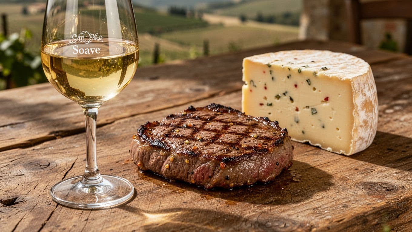 Glass of straw-yellow Soave wine beside grilled beef steak and spicy aged cheese on rustic table.