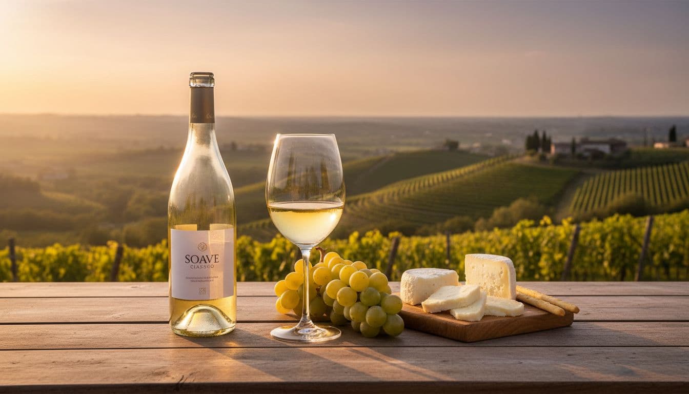 Soave wine bottle and poured glass on table with fresh cheeses, Garganega grapes, and Veneto vineyards at sunset.