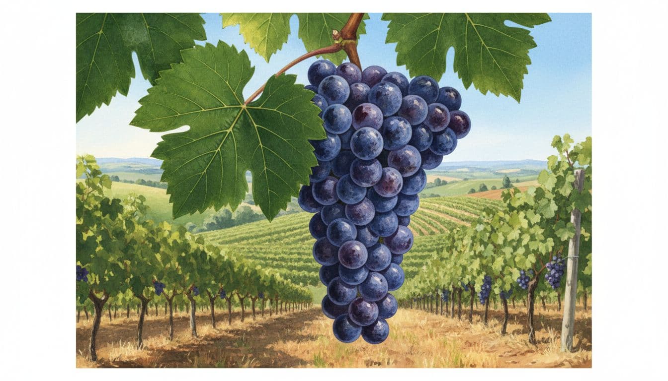 Close-up of compact dark blue-black Tintilia berries with pruinous skin and pentagonal leaf in sunny vineyard.