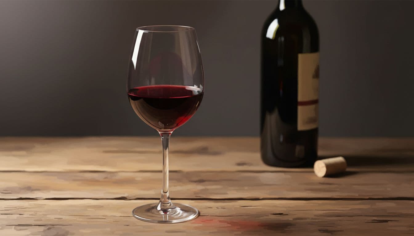 Glass of ruby red Tintilia wine with garnet reflections on rustic Molisan table beside bottle and cork under warm light.